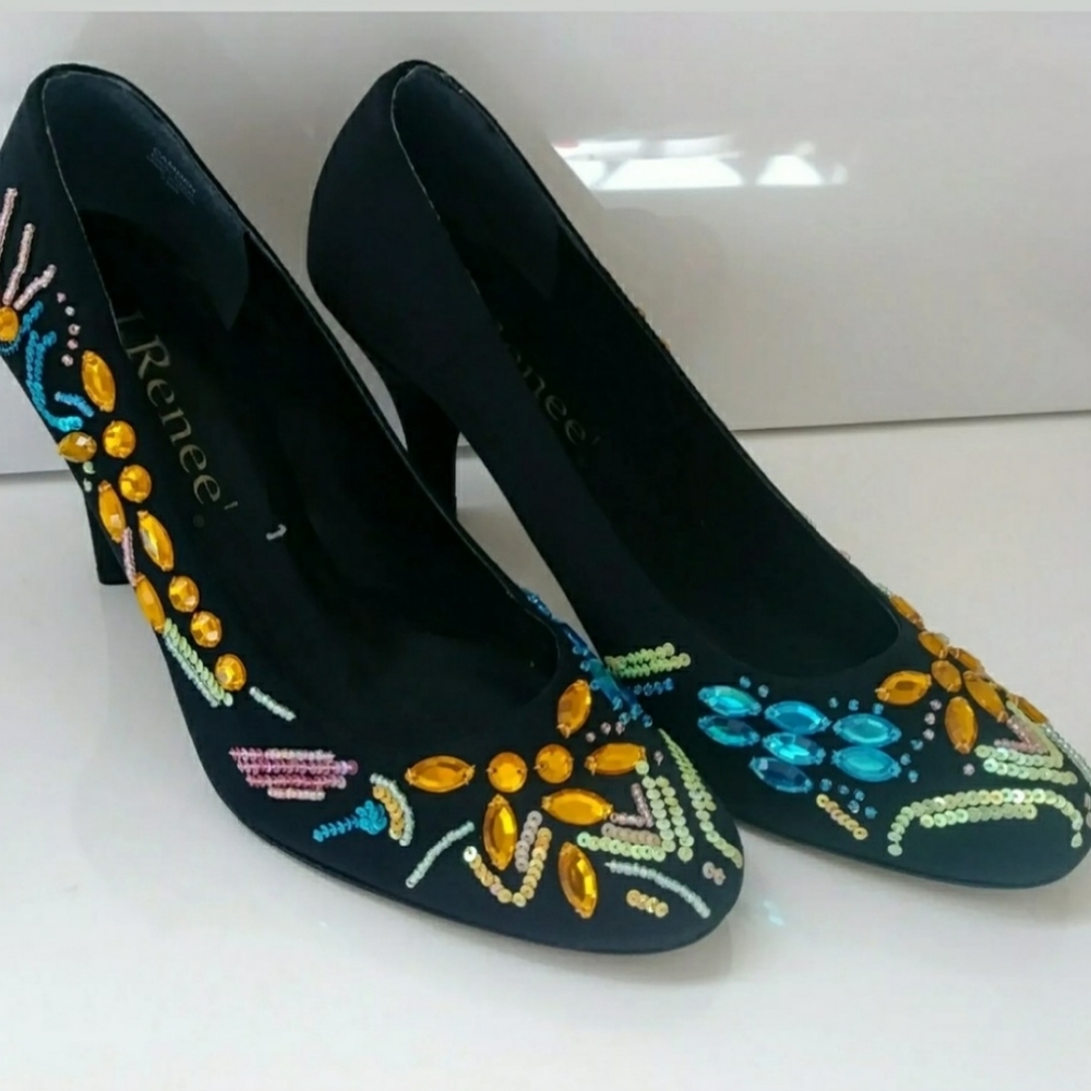 J Renee Black Jeweled Heels Size 7.5
